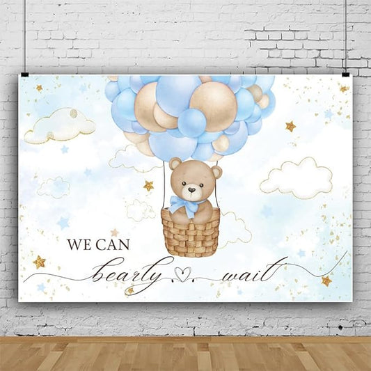 ChloropLastid We Can Bearly Wait Baby Photo Backdrop 12x10ft Pink Hot Air Balloon Bear Background for Baby Balloons Clouds Stars Girl Baby Shower Newborn Party Cake Photo Decoration