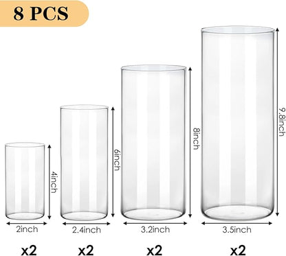 Fixwal 8pcs Clear Glass Cylinder Vases, 4, 6, 8, 10 Inch Tall Cylinder Vases for Centerpieces, Glass Flower Vase, Floating Candle Holder Vase for Table Shelf, Party, Wedding, Home Decor