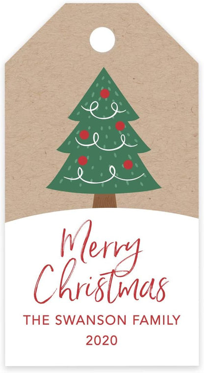 Andaz Press Personalized Christmas Holiday Season Classic Gift Tags, Merry Christmas Custom Family Name and Year, Christmas Tree Design, for Holiday Events, Parties, and Favors, 60-Pack