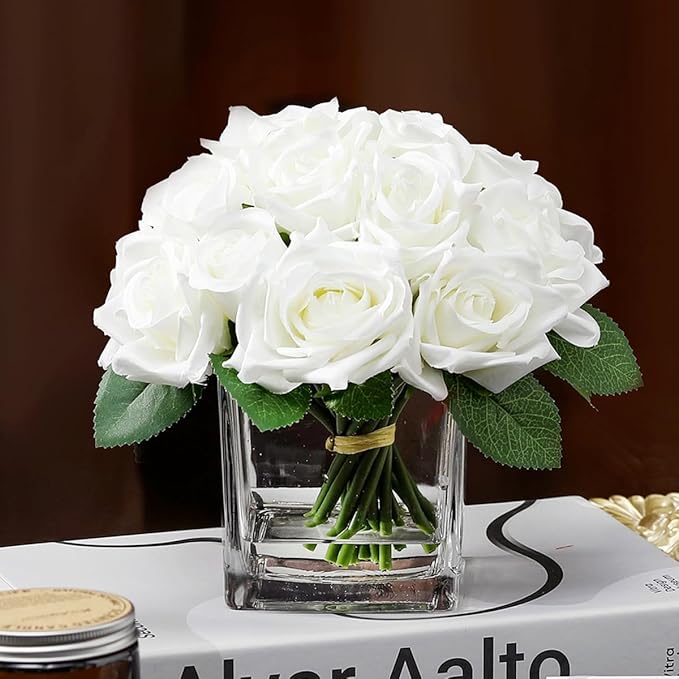 18 Heads Faux Rose Flowers in Vase, Fake Rose Flowers Arrangement in Vase with Fake Water for Dining Table, Wedding Decor (Cream)