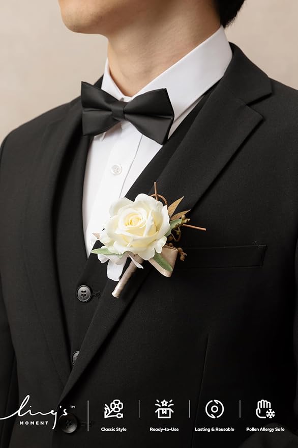 Ling's moment Boutonniere for Men, 6pcs Groom Groomsmen Boutonniere, Artificial Flowers for Wedding Decor/Prom/Homecoming, etc.Brown Beige White