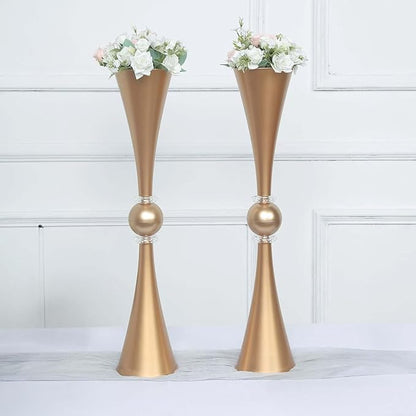Efavormart 2 Pack | 27" Gold Crystal Embellishment Trumpet Table Centerpiece, Reversible Plastic Flower Vase