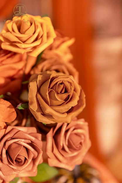 TINGE TIME Artificial Flowers 24pcs Real Looking Silk Flowers Fake Rose with Stems for DIY Wedding Bouquets Burnt Orange Bridal Shower Centerpieces Party Decorations (Maple Red A)