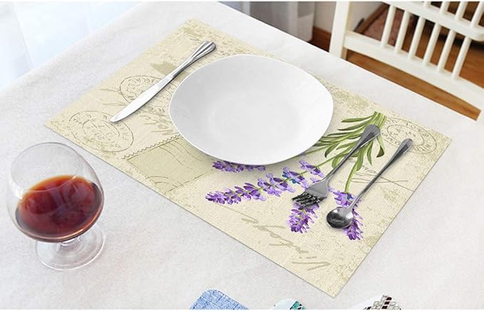 Moslion Vintage Flower Lavender Placemats French Country Stamp Postcard Composition Wild Floral Table Placemats for Dinning Table Washable Cotton Linen 12x18 Inch, Set of 4…