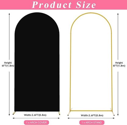 Putros 6ft Metal Arch Stand with Cover Black Spandex Fitted Wedding Arch Cover and Round Top Chiara Backdrop Stand Set for Birthday Party Baby Shower Decoration