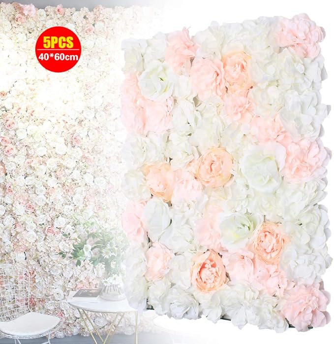 5 PCS Artificial Flowers Wall Decoration 24" x 16" Decorative Hydrangea Flower Panels Flower Wall for Home Party Wedding Christmas Festival Photo Backgdrop Decor (5 PCS, Champagne+Pink+White)