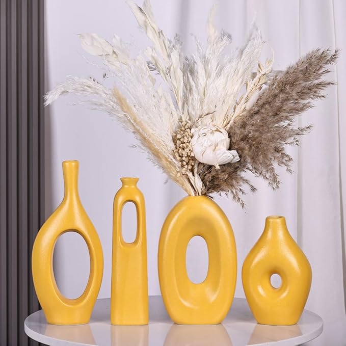 Yellow Vases Home Decor - 4-Piece Round Hollow Boho Yellow Ceramic Vase for Pampas Grass Decor, Modern Small Flower Vases for Living Room, Dining Table, Office, Wedding, Fireplace Decor