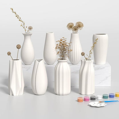 OERGKE White Ceramic Vase Set of 8, Small vases for Flowers with Painting Kit, Modern Boho Vases for Home, Living Room, Office, Farmhouse Decor, Dining Table, Bedroom, Kitchen Shelf