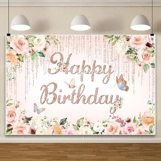 ChloropLastid 7x5ft Pink Floral Birthday Backdrop Rose Gold Glitter Flower Blossom Butterflies Happy Birthday Photography Background for Girls Princess Bday Party Decorations Banner Photo Props