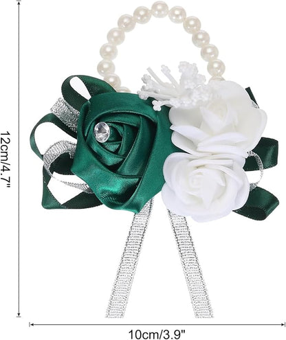 MECCANIXITY Wrist Corsage Artificial Flower Bracelets Rose Wrist Bride Groom Decorative for Wedding Ceremony Prom Party Anniversary Dark Green