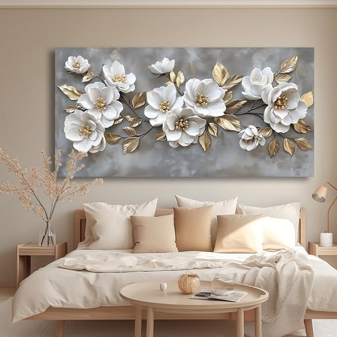 LAVIKARS Modern Gray Flowers Wall Art for Living Room Office White and Golden Floral Landscape Canvas Painting Prints Large Delicate Petals Artwork Kitchen Home Bedroom Decor (28x58 Inches)