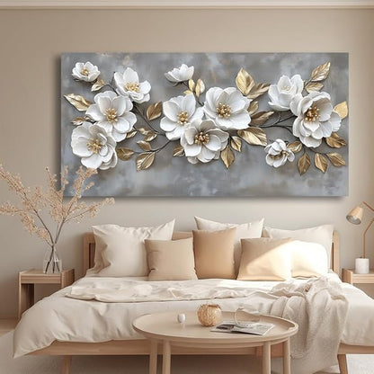 LAVIKARS Modern Gray Flowers Wall Art for Living Room Office White and Golden Floral Landscape Canvas Painting Prints Large Delicate Petals Artwork Kitchen Home Bedroom Decor (23x46 Inches)