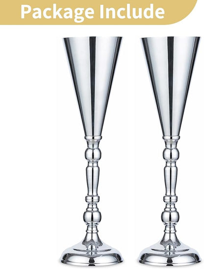 2 Pcs Tabletop Silver Metal Wedding Flower Trumpet Vase, 16.5 inch Table Decorative Centerpiece Artificial Flower Arrangements for Anniversary Ceremony Party Birthday Event Aisle Home Decoration