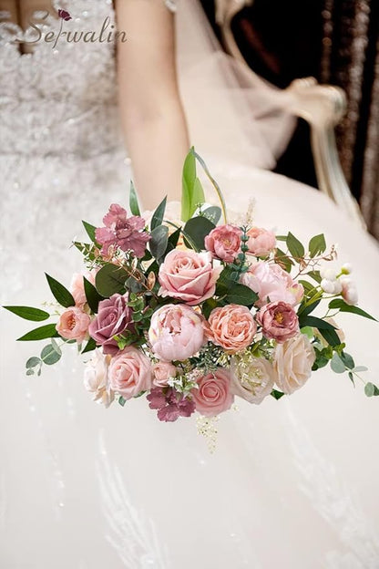 Serwalin 2 Pcs Artificial Flowers Pink Wedding Cake Flowers, Fake Dusty Roses Peonies for Bouquets Table Centerpieces Wedding Home Decor, Baby Shower Party Flowers with Stems DIY Combo