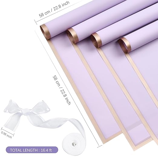 Jutieuo 20 Sheets Purple Flower Wrapping Paper, Waterproof Floral Wrap Gold Edge Bouquet Wrapping Paper Florist Supplies (22.8 x 22.8 inch)