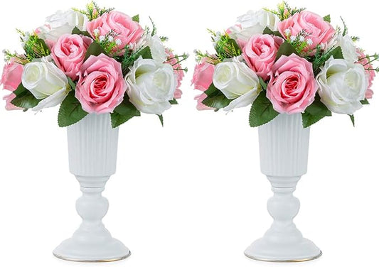 Nuptio 2 Pcs Flowered Metal Trumpet Vase Elegant Wedding Centerpieces Vase for Wedding Party Decoration, 23.2cm Tall Artificial Flower Arrangements for Anniversary Ceremony, White