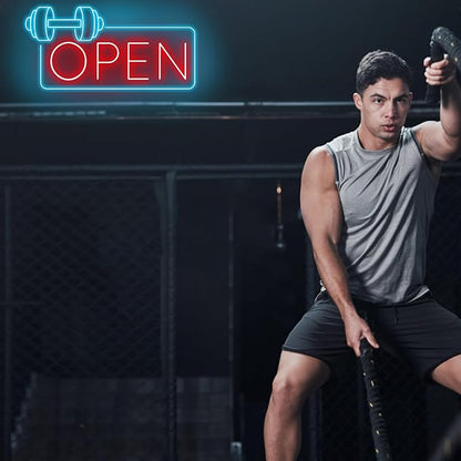 Gym Fitness Open Neon Sign, Dumbbell Open Led Sign, Weightlifting Led Light, Barbell Neon Light, Gym Open Wall Art Decor, House Wall Sign Decor for Business Window Open Signs, Fitness Club Decor