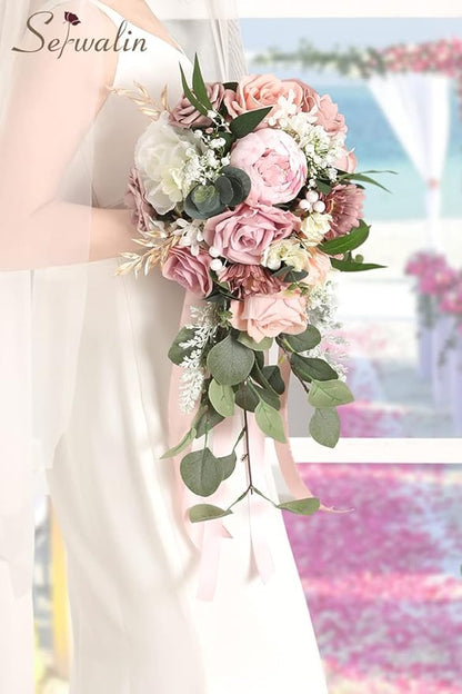 Serwalin 9.8 Inch Wedding Bouquets for Bride Bridesmaid, Dusty Pink Peonies Bridal Bouquets for Bride, Wedding Flowers Bouquet Tossing Bouquet, Wedding Ceremony and Anniversary Day Decor