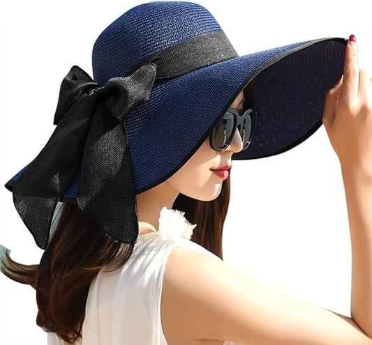 DRESHOW Beach Hats for Women Big Straw Wide Brim Summer Hat Floppy Foldable Roll up Cap Sun Hat UPF 50+