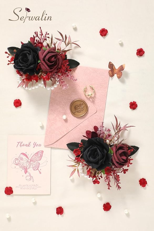 Serwalin Set of 2 Wrist Corsage for Wedding, 6-7inch Corsages Wristlet for Bridesmaid Mother Grandmother, Artificial Flowers for Prom Ceremony Anniversary, Black Burgundy