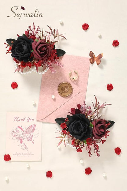 Serwalin Set of 2 Wrist Corsage for Wedding, 6-7inch Corsages Wristlet for Bridesmaid Mother Grandmother, Artificial Flowers for Prom Ceremony Anniversary, Black Burgundy