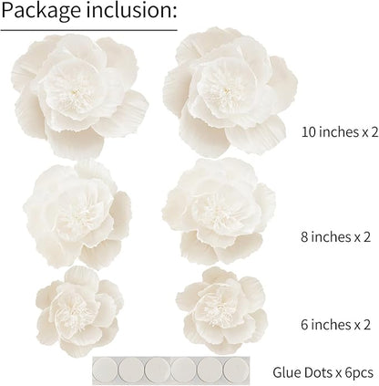 Crepe Paper Flowers Decoration for Wall, Artificial Flowers for Wedding Decor,Flower Backdrop Decor,Baby Shower,Birthday Party,Photo Backdrop,Archway Decor, Nursery Wall Decor(White,Set/6)