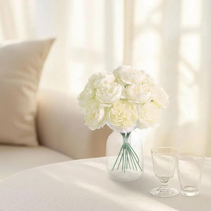 12 PCS Artificial Silk Ivory Peony Flowers with Stems - 8 Inch Fake Peony Bouquet for Wedding, Home Decor, Office Table, Festival Gifts