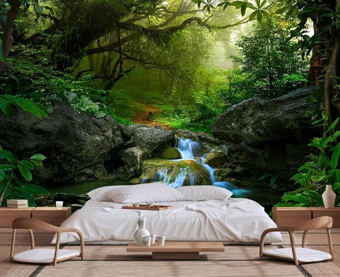 Primitive Forest Waterfall Wallpaper, Modern Large Background Wall Mural for Living Room and Plant Room(Non-self-Adhesive)