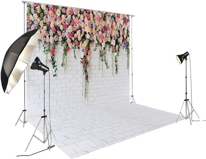 10X10FT White Brick with Flowers Backdrop Occasions Mother's Day Wedding Bridal Shower Birthday Party Banner Background Supplies DH-357