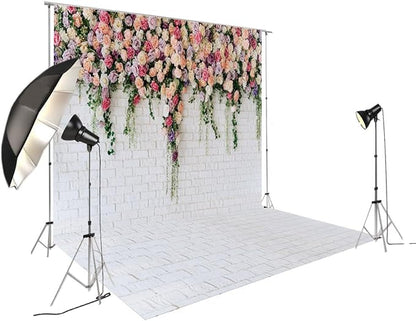 10X10FT White Brick with Flowers Backdrop Occasions Mother's Day Wedding Bridal Shower Birthday Party Banner Background Supplies DH-357