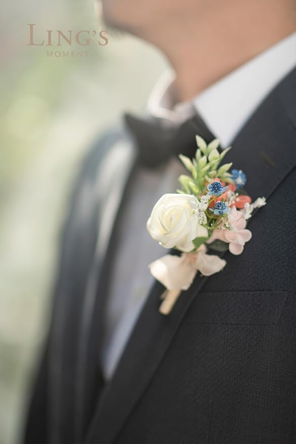 Ling's moment Boutonniere for Men, 6pcs Groom Groomsmen Boutonniere, Artificial Flowers for Wedding Decor/Prom/Homecoming, etc.Dusty Blue Cream