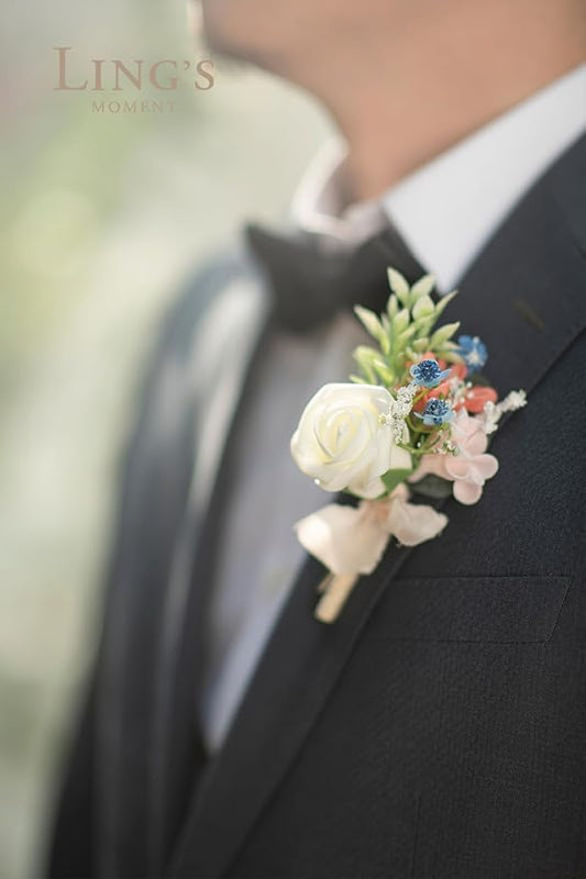 Ling's moment Boutonniere for Men, 6pcs Groom Groomsmen Boutonniere, Artificial Flowers for Wedding Decor/Prom/Homecoming, etc.Dusty Blue Cream