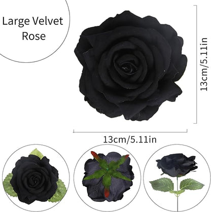 IPOPU 5 Inches Black Artificial Large Rose Heads Bulk Fake Black Roses with Stem 10pcs Faux Rose Silk Flower Head for DIY Wedding Bouquet Arrangements Gifts Gothic Decor