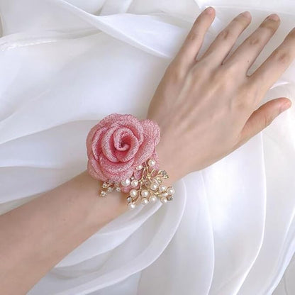1PCS Wedding Wrist Flower,Bridesmaid Bride Wrist Flower Corsage Decoration Hand Flowers,Peach Powder