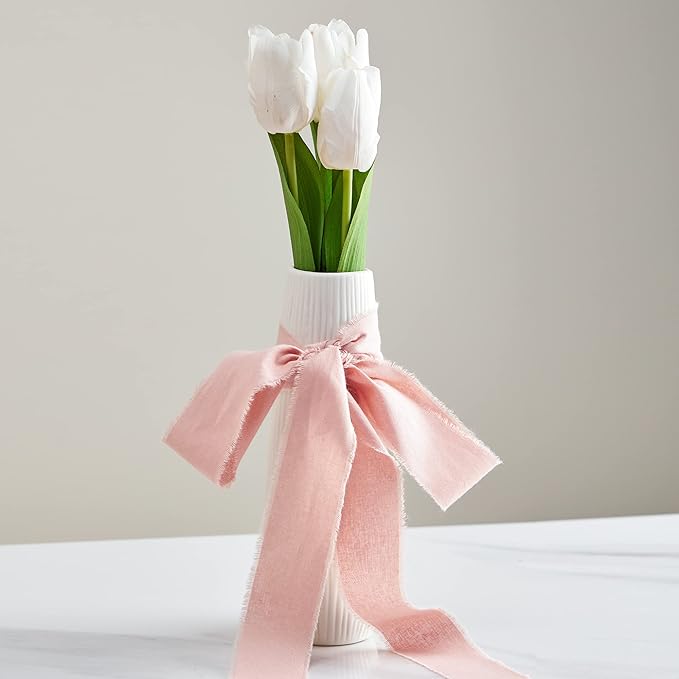 Keypan Pink White Ribbon 1-1/2 x 15 Yards Handmade Cotton Frayed Fringe Fabric Ribbons for Crafts Flower Bouquets Wedding Baby Shower Home DIY Decor