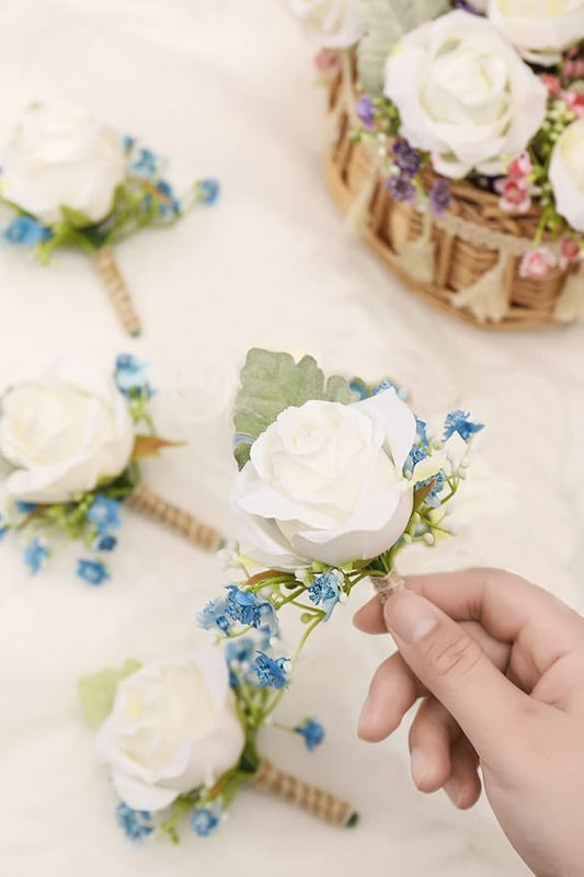 White & Blue Rose Boutonnieres for Men Wedding Baby's Breath Boutonniere for Best Men Groom Groomsmen Wedding Prom Set of 6