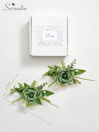 Serwalin Set of 2 Wrist Corsage for Wedding, 6-7inch Corsages Wristlet for Bridesmaid Mother Grandmother, Artificial Flowers for Prom Ceremony Anniversary, Green