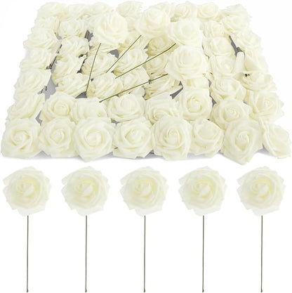 Bright Creations 3" Artificial Rose Flowers 60pcs Real Looking Fake Rose with Stem for DIY Wedding Bouquets and Bridal Shower, Cream