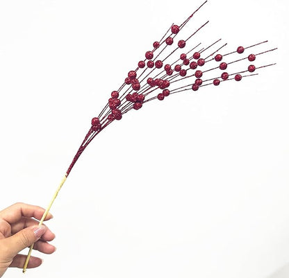 Artificial Glitter Berry Stems Decorations 17 Inch, Fake Berries Bead Sticks Pick for Halloween Christmas Ornaments Berries Stem Xmas Tree Picks Wreath Vase Filler Home DIY Decor - Red 10 Pack