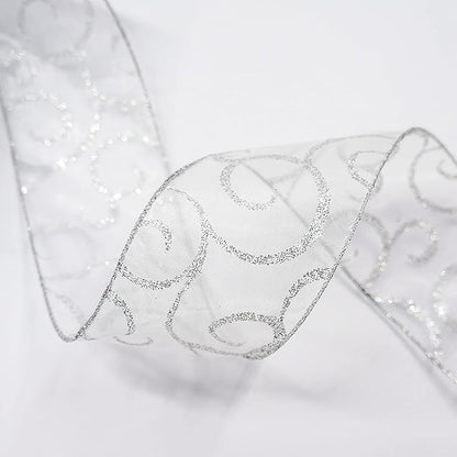 CT CRAFT LLC Organza with Silver Glitter Swirls Wired Ribbon 2.5 inch x 50 Yards for Christmas Home Decor Tree Topper Bow Gift Wrapping DIY Crafts Wreath Garland Wedding