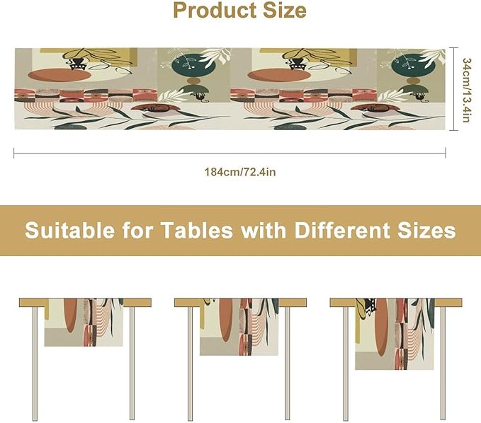 Mid Century Table Runner,Abstract Boho Plant Leaf Botanical Cat Modern Geometric Pattern Print Burlap for Hotel Indoors Outdoor Dining Room Kitchen Home Decor, 13x70in