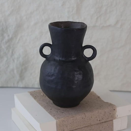 Rustic Small Ceramic Vase, Handcrafted Black Farmhouse Vase, Wabi Sabi Pottery Decor for Kitchen, Bedroom, Office, Living Room, Bathroom, Shelf Centerpiece Table