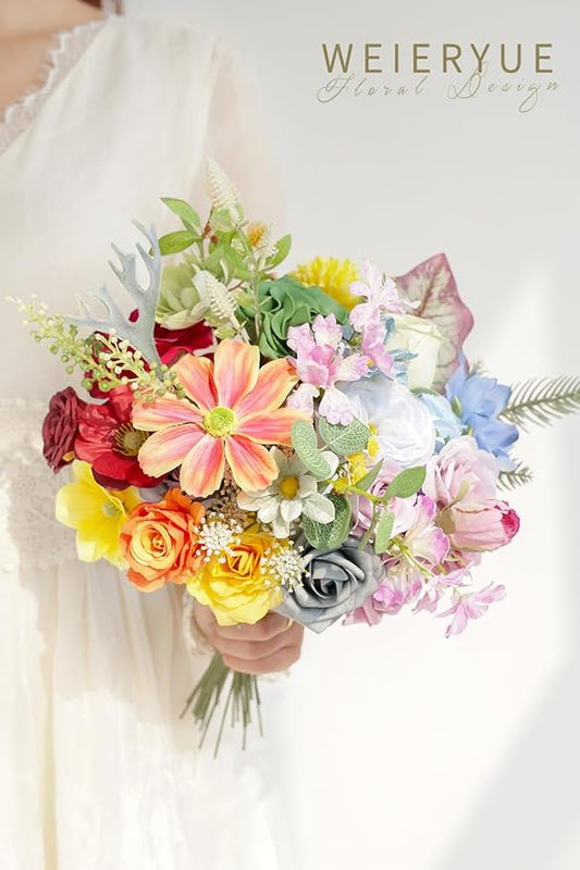 Artificial Flower Box Set Silk Fake Flowers DIY Center Cake Decoration Wedding Bouquet Corsage Home Decor Outdoor Decor Gift (Big Rainbow Flower)