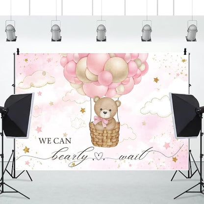 ChloropLastid We Can Bearly Wait Baby Backdrop Girl Bear Hot Air Balloon Baby Shower Photography Background Pink Balloons Clouds Stars Baby Party Cake Photo Decoration 12x8ft