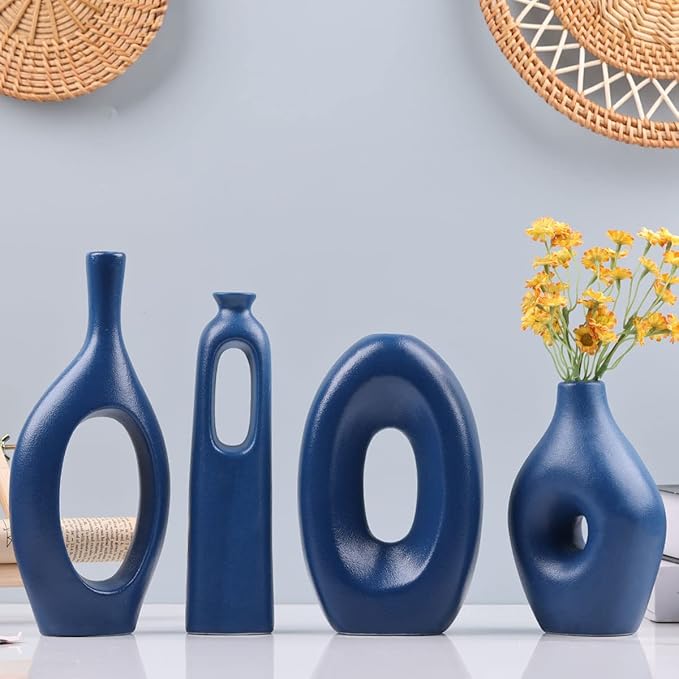 Blue Ceramic Vase Set of 4 - Round Hollow Boho Vases for Pampas Grass and Flowers Decor, Modern Minimalist Small Vases for Living Room, Bedroom, Fireplace, Coffee Table Decor and Centerpieces