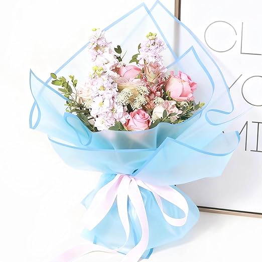 Jutieuo 20 Sheets Light Blue Flower Wrapping Paper, Waterproof Floral Wrap Blue Edge Bouquet Wrapping Paper Florist Supplies (22.8 x 22.8 inch)