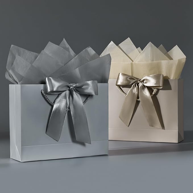 JMANNI Gift Bags, Medium Gift Bags for Presents with Bow Ribbon, Party Bags with Handles 4 Tissue Papers and 2 Cards for Weddings, Birthday, Party, Celebration, Christmas(Brown-Silver 2Pcs)