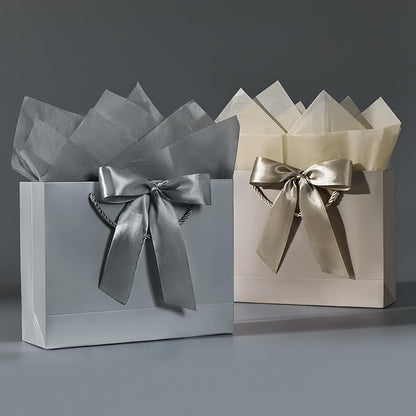 JMANNI Gift Bags, Medium Gift Bags for Presents with Bow Ribbon, Party Bags with Handles 4 Tissue Papers and 2 Cards for Weddings, Birthday, Party, Celebration, Christmas(Brown-Silver 2Pcs)