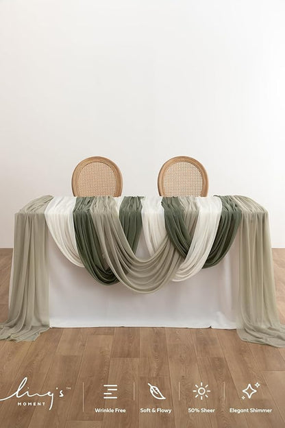 Ling's moment Wedding Arch Draping Fabric 3 Panels 20Ft Sage Green Chiffon Fabric,Sheer Hanging Drapes Arrangement for Wedding Ceremony Backdrop Outdoors Party Swag Home Decor (White & Sage)