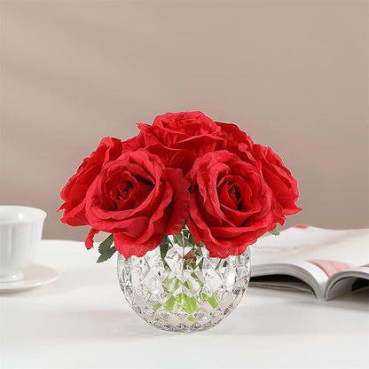 7 Large Stem Rose Red Artificial Flowers in Vase, Silk Flowers Arrangement in Round Glass Vase Without Water for Home Decor, Wedding Table (Red)